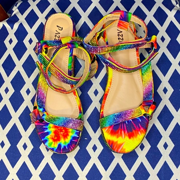 Shoes - Rainbow tie dye flat platform blinged out rhinestone sandals wedges multi